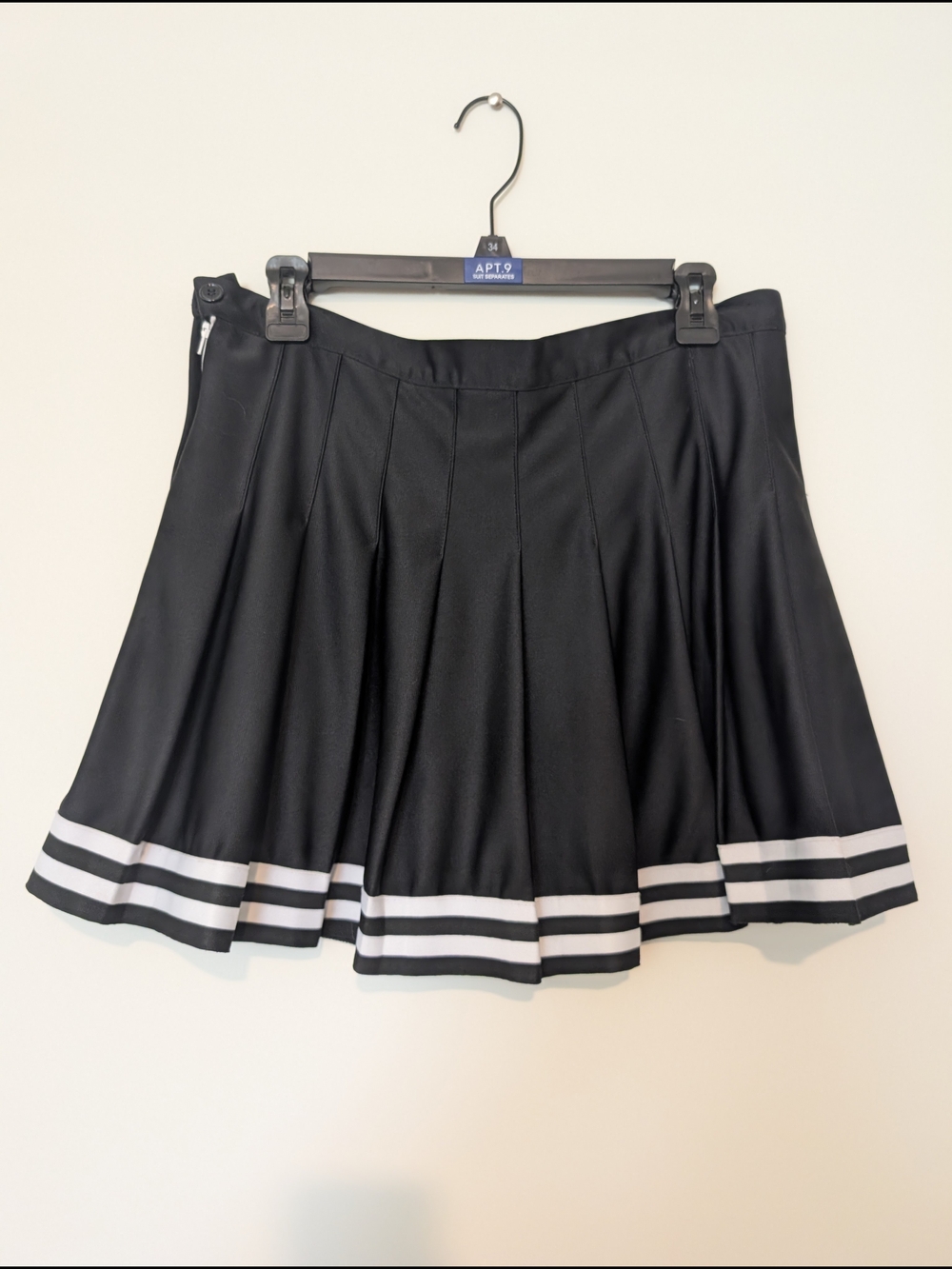 Black Pleated Skater Mini Skirt with White Stripe Hem